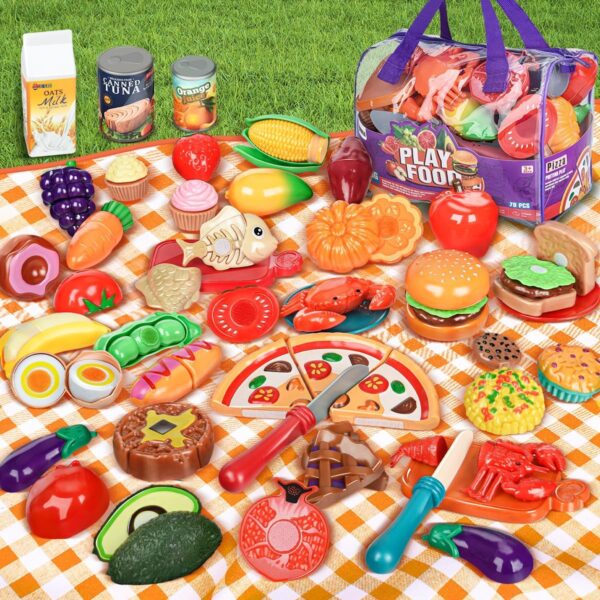 Pretend Play Food for Kids Kitchen - 78Pc Cutting Toy Food with Storage Bag, Food Toys with Veggies, Fruits, Fake Food with Pizza Toy, Pretend Food, Play Kitchen Accessories, Boys Girls Gift - Image 8