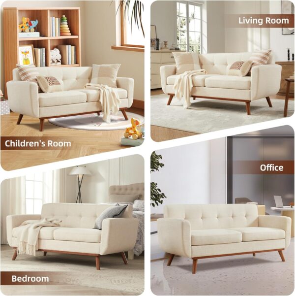 Kingfun 2 Piece Loveseat and Sofa Sets, Mid Century Modern Decor Love Seat Couches for Living Room, Button Tufted Upholstered Furniture, Easy to Install Small Couch for Bedroom, Office, Beige - Image 8