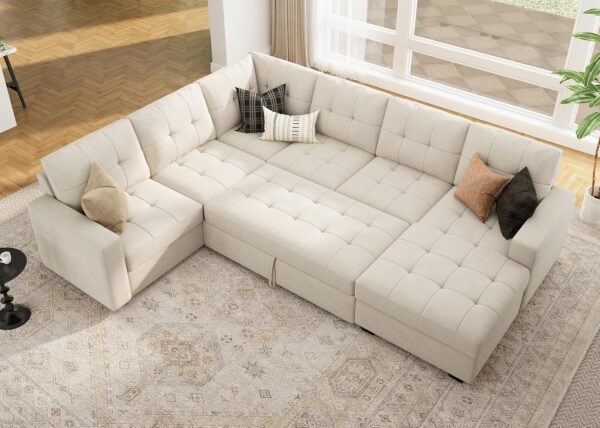 HONBAY Sleeper Sectional Sofa with Pull Out Bed, U Shaped Sectional Sleeper Couch with Storage Chaise, Convertible Sectional Sleeper Sofa Bed, Beige - Image 2