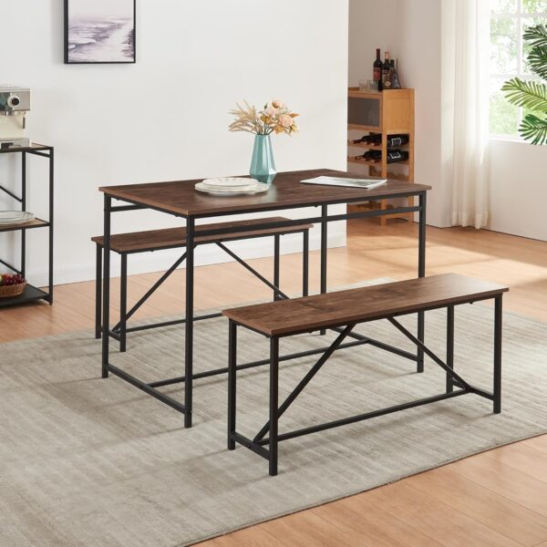 Panana 3 Piece Dining Room Table Set 43 Inch Kitchen Table with Two Benches Breakfast Table Top with Sew Kerf Finish Metal Frame Dining Room Home (Black Brown) - Image 3