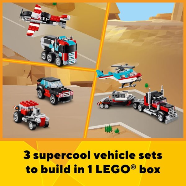 LEGO Creator 3 in 1 Flatbed Truck with Helicopter Toy, Transforms from Flatbed Truck Toy to Propeller Plane to Hot Rod and SUV Car Toys, Gift Idea for Boys and Girls Ages 7 Years Old and Up, 31146 - Image 4