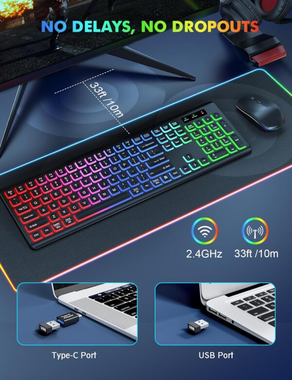 Wireless Keyboard and Mouse Combo - RGB Backlit, Rechargeable & Light Up Letters, Full-Size, Ergonomic Tilt Angle, Sleep Mode, 2.4GHz Quiet Keyboard Mouse for Mac, Windows, Laptop, PC, Trueque - Image 5