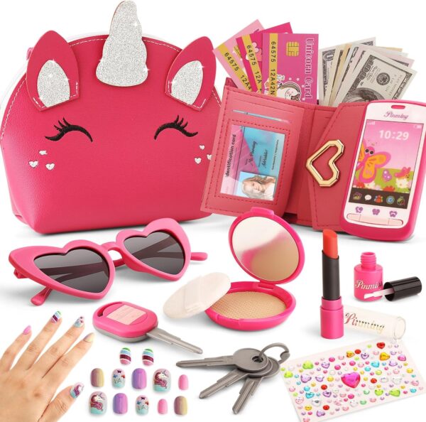 Toddler Purse for Little Girls 3-5 with Pretend Makeup Kit | Unicorn Kids Purse Accessories Play Fake Make up Set | Birthday Gifts for 4-6 Year Old Princess Toys - Image 2