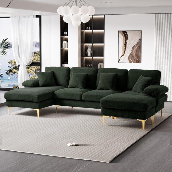 OUYESSIR U-Shaped Sectional Sofa Couch, 4 Seater Sofa Set for Living Room, 110" Convertible L-Shaped Chenille Couch Set with Chaise Lounge, Ottoman and Pillows (Dark Green) - Image 9