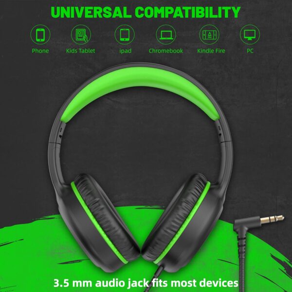 Green Wired Headphones for Boys Portable On Ear Youth Headphones for School Airplane Travel Lightweight Portable Compatible with Pad Computer Laptop for Adults Student Children Girls Kids - Image 4