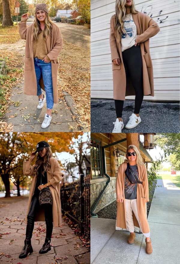 Womens Long Sleeve Maxi Cardigan Open Front Oversized Knitted Sweater Coat Casual Lapel Warm Overcoat with Pockets - Image 5