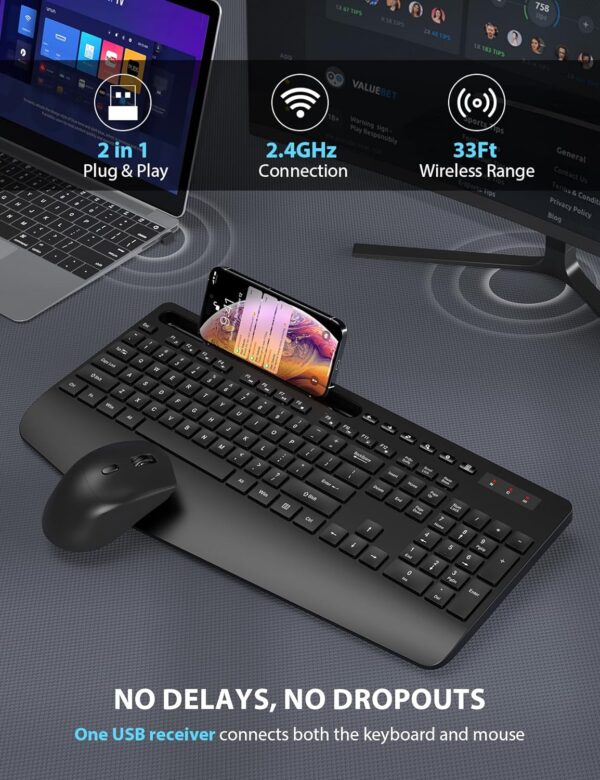 Wireless Keyboard and Mouse Combo - Full-Sized Ergonomic Keyboard with Wrist Rest, Phone Holder, Sleep Mode, Silent 2.4GHz Cordless Keyboard Mouse Combo for Computer, Laptop, PC, Mac, Windows -Trueque - Image 5