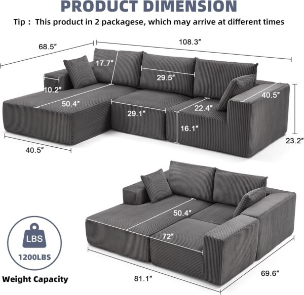 108” Modular Sectional Sofa, Cloud Sectional Couch with Deep Seat, Modern Modular L-Shape Sofa Couch with Chaise,Upholstered Couches for Living Room Bedroom (Corduroy, Dark Grey) - Image 4