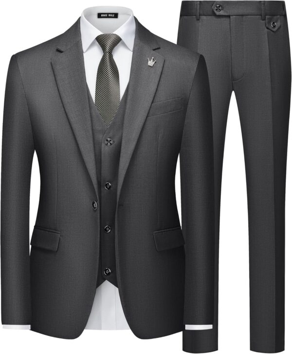 MAGE MALE Mens Suits Slim Fit 3 Piece Tuxedo Suit One Button Solid Prom Wedding Party Blazer Vest Pants Set with Tie - Image 2