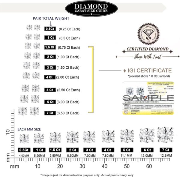 0.50 to 7 Carat Lab Grown Diamond Stud Earrings for Women, Colorless IGI Certified,Screw Back Earrings in 14K 18K White Gold & Platinum, Round/Emerald/Oval/Princess Cut,With Gift Box - Image 7