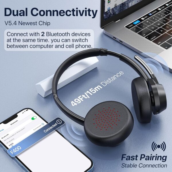 Bluetooth Headset, Wireless Bluetooth V5.4 Headphones with Microphone, Noise Canceling Multipoint Connect Wireless Headset with Mic for Work/Mobile/Laptop/Call Center/Noisy Office/Zoom - Black - Image 6