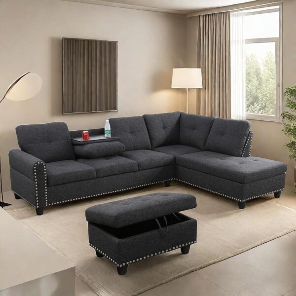 L Shaped Sectional Couches, Modular Sectional Sofa with Ottoman Storage, Nail-Head Design Lounge Sofa with Reversible Cup Holder for Living Room, Bedroom, Gray - Image 4