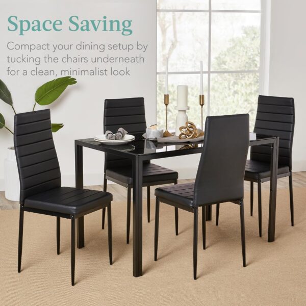 Best Choice Products 5-Piece Glass Dining Set, Modern Kitchen Table Furniture for Dining Room, Dinette, Compact Space-Saving w/Glass Tabletop, 4 Upholstered PU Chairs, Metal Steel Frame - Black - Image 7