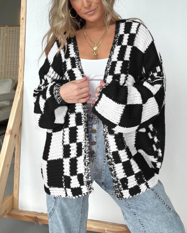 BTFBM Casual Womens Open Front Long Sleeve Chunky Knit Cardigan Sweater Checkered Knit Cardigan Sweaters Coat - Image 3