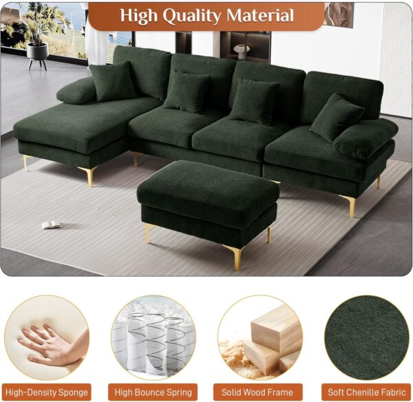 OUYESSIR U-Shaped Sectional Sofa Couch, 4 Seater Sofa Set for Living Room, 110" Convertible L-Shaped Chenille Couch Set with Chaise Lounge, Ottoman and Pillows (Dark Green) - Image 5