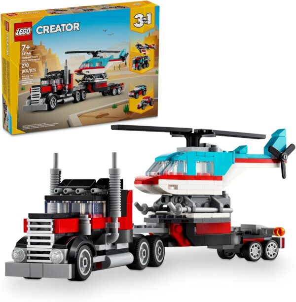 LEGO Creator 3 in 1 Flatbed Truck with Helicopter Toy, Transforms from Flatbed Truck Toy to Propeller Plane to Hot Rod and SUV Car Toys, Gift Idea for Boys and Girls Ages 7 Years Old and Up, 31146 - Image 2