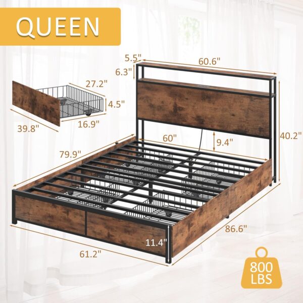 Lifezone Queen Bed Frame with 2-Tier Storage Headboard, Metal Platform Bed Frame with 4 Storage Drawers, Built in Charging Station & LED, Noise-Free/Metal Support/No Box Spring Needed, Vintage Brown - Image 3