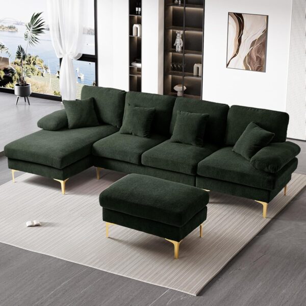 OUYESSIR U-Shaped Sectional Sofa Couch, 4 Seater Sofa Set for Living Room, 110" Convertible L-Shaped Chenille Couch Set with Chaise Lounge, Ottoman and Pillows (Dark Green) - Image 2