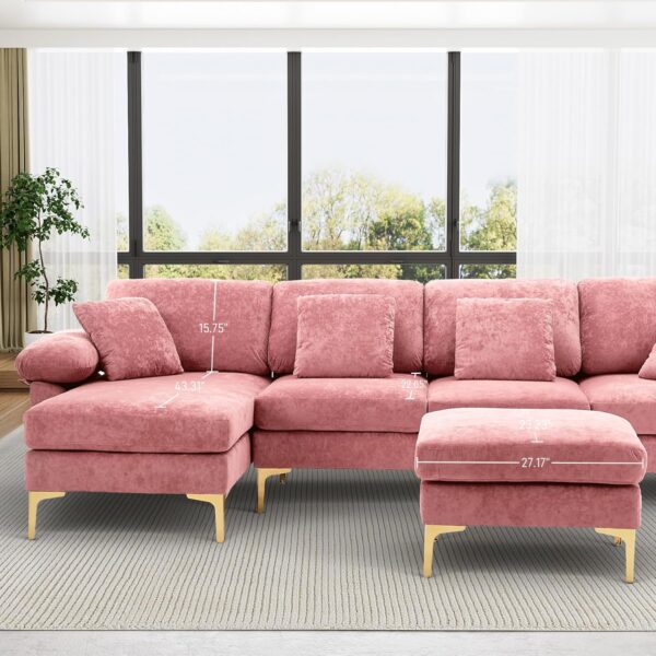 OUYESSIR U-Shaped Sectional Sofa Couch, 4 Seat Sofa Set for Living Room, Convertible L-Shaped Velvet Couch Set with Chaise Lounge, Ottoman and Pillows,114 inches (Pink) - Image 7