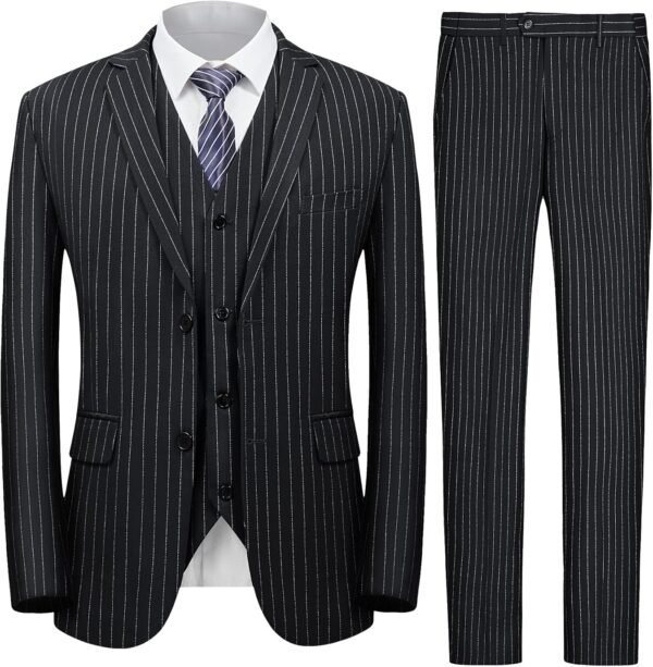 MAGE MALE Men’s Pinstripe 3 Piece Suit Slim Fit Elegant Single Breasted Business Wedding Party Blazer Vest& Pants Set - Image 2