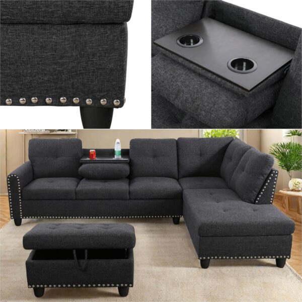 L Shaped Sectional Couches, Modular Sectional Sofa with Ottoman Storage, Nail-Head Design Lounge Sofa with Reversible Cup Holder for Living Room, Bedroom, Gray - Image 6