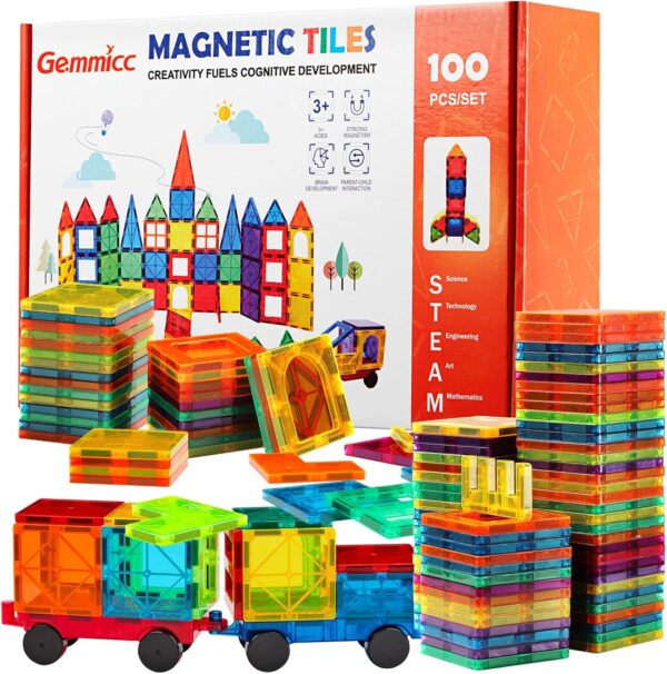 Gemmicc Magnetic Tiles 100 PCS with 2 Cars, STEM Approved Educational Magnet BuildingToys, Magnet Puzzles Stacking Blocks for Boys Girls - Image 2