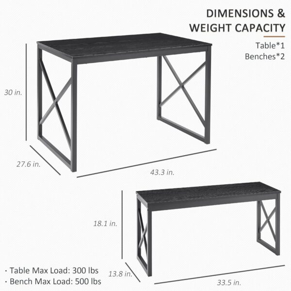 VECELO Kitchen Table with 2 Benches for 4, Wood Dining Room Dinette Sets with Metal Frame for Breakfast Nook and Small Space, Black - Image 3