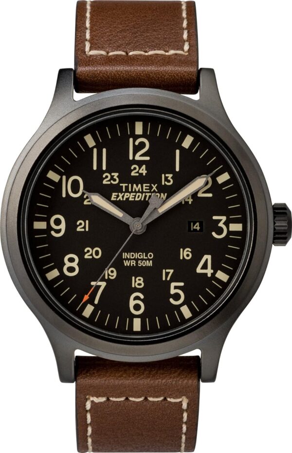 Timex Men's Expedition Scout 43mm Watch – Black Dial & Case with Brown Leather Strap - Image 2