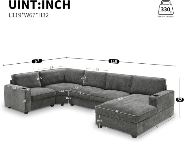 Merax Modern U-Shaped Cloud Couch Set with Oversized Chaise Lounge, Chenille 6-Seat Sectional Sofa Sleeper Bed with Cup Holders for Living Room Dark Gray - Image 8