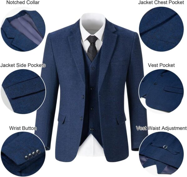 Retro Tweed 3 Piece Men Suit Brown Herringbone Mens Suits Slim Fit Groom Tuxedos Set Wedding Prom Blazer Jacket Vest Pants - Image 6