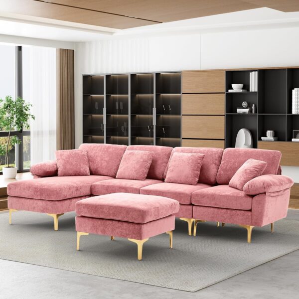 OUYESSIR U-Shaped Sectional Sofa Couch, 4 Seat Sofa Set for Living Room, Convertible L-Shaped Velvet Couch Set with Chaise Lounge, Ottoman and Pillows,114 inches (Pink) - Image 2