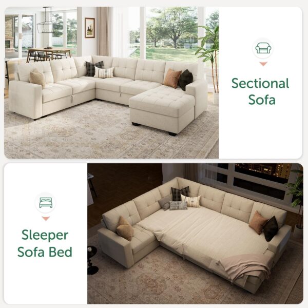 HONBAY Sleeper Sectional Sofa with Pull Out Bed, U Shaped Sectional Sleeper Couch with Storage Chaise, Convertible Sectional Sleeper Sofa Bed, Beige - Image 6