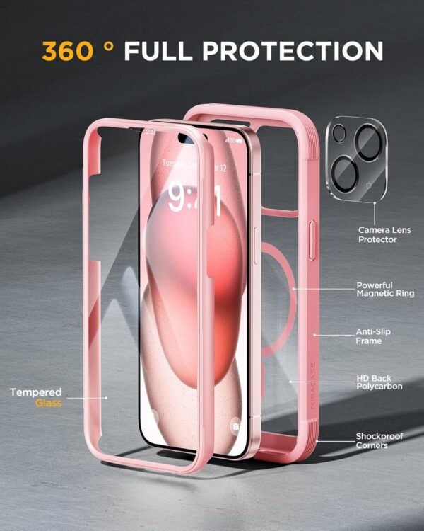 Miracase Glass Series for iPhone 15 Case [Compatible with MagSafe] Full-Body Magnetic Case with Built-in 9H Tempered Glass Anti-Fingerprint Screen Protector + Camera Lens Protector, Pink and Clear - Image 3