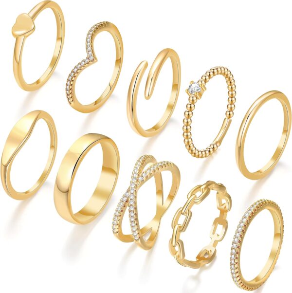 10 PCS Dainty 14K Gold Rings for Women, Open Twist Simulated Diamond Criss Cross Designs, Perfect for Stacking Layering on Thumb and Knuckle Engagement Rings in Sizes 6-10 - Image 2