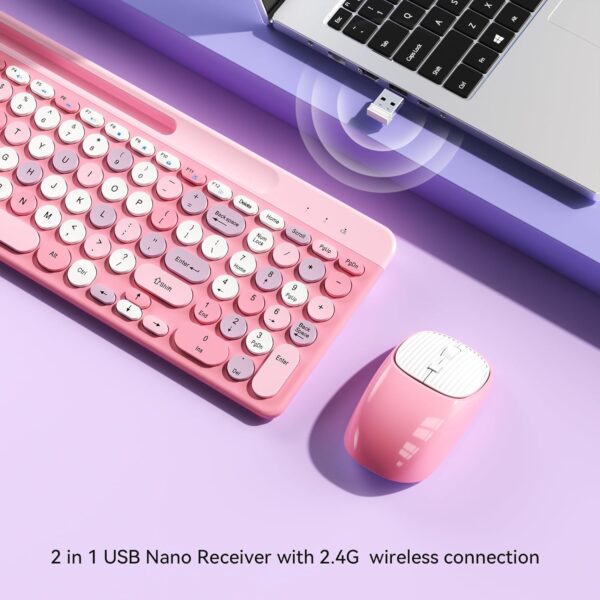 Wireless Keyboard and Mouse Combo, Retro Wireless Keyboard with Round Keycaps, 2.4GHz Full-Size USB Cute Wireless Keyboard Mouse for Computer, Desktop, Laptop and Computer (Pink-Colorful) - Image 3