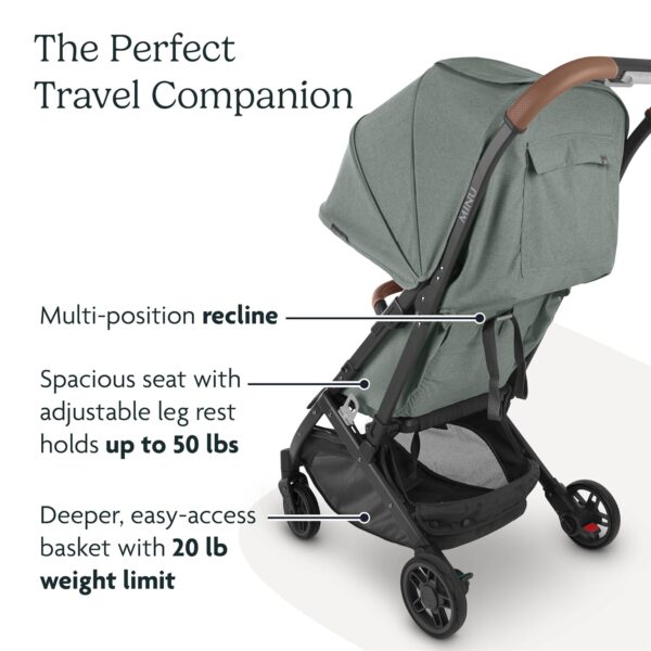 UPPAbaby Minu V2 Travel Stroller/Lightweight, Portable Design/One-Hand Fold/Shoulder Strap and Leather Bumper Bar Included/Gwen (Green Mélange/Carbon Frame/Saddle Leather) - Image 5