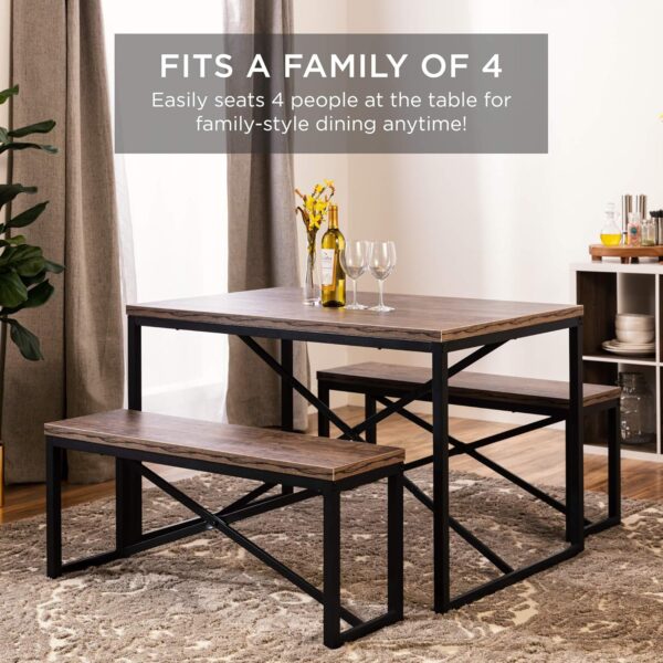 Best Choice Products 45.5in 3-Piece Bench Style Dining Furniture Set, 4-Person Space-Saving Dinette for Kitchen, Dining Room w/ 2 Benches, Table - Brown/Black - Image 3