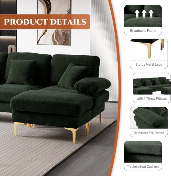 OUYESSIR U-Shaped Sectional Sofa Couch, 4 Seater Sofa Set for Living Room, 110" Convertible L-Shaped Chenille Couch Set with Chaise Lounge, Ottoman and Pillows (Dark Green) - Image 4