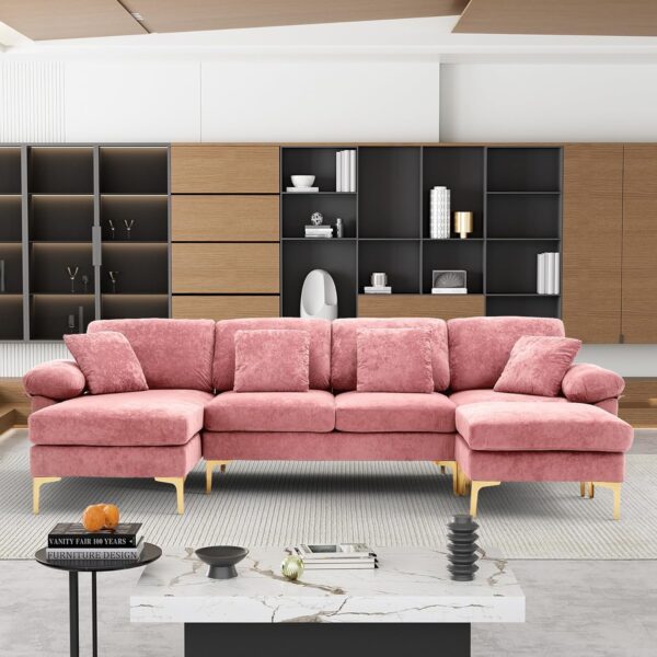 OUYESSIR U-Shaped Sectional Sofa Couch, 4 Seat Sofa Set for Living Room, Convertible L-Shaped Velvet Couch Set with Chaise Lounge, Ottoman and Pillows,114 inches (Pink) - Image 4