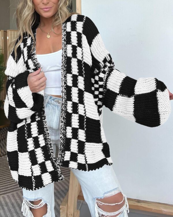 BTFBM Casual Womens Open Front Long Sleeve Chunky Knit Cardigan Sweater Checkered Knit Cardigan Sweaters Coat - Image 4