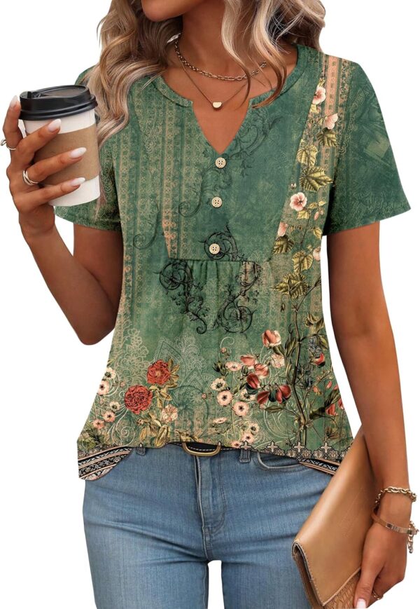 Zeagoo Womens Short Sleeve Tops Summer Henley V-Neck Tshirts Casual Pleated Blouse Dressy Loose Floral Basic Tee - Image 2