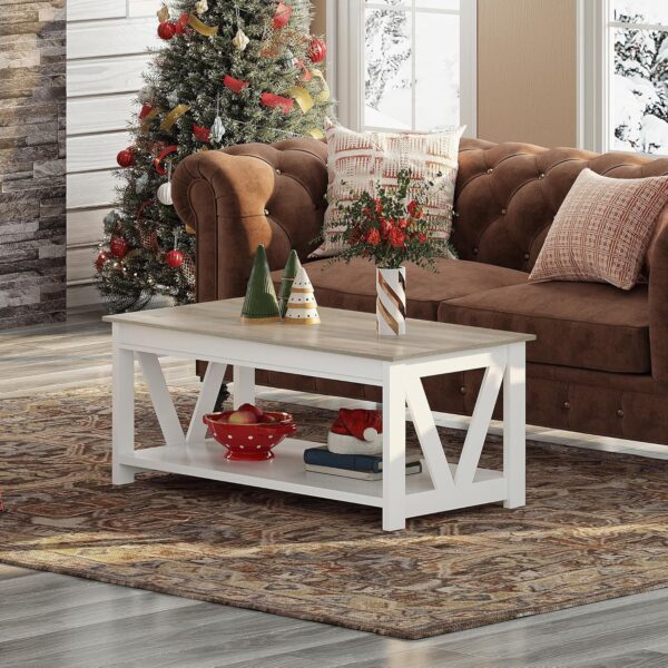 WLIVE Coffee Table, 43" Farmhouse Coffee Table with Storage Shelf & Sturdy V-Shaped Support, Center Table for Living Room, Bedroom, Office and Balcony, White - Image 3