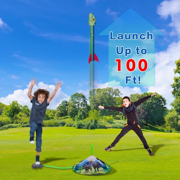 Dinosaur Toy Rocket Launcher for Kids - Launch Up to 100 Ft, 4 Rockets, Outdoor Outside Toys for Kids, Dinosaur Toys, Birthday Gifts for 3 4 5 6 7 8-12 Year Old Boys Girls - Image 3