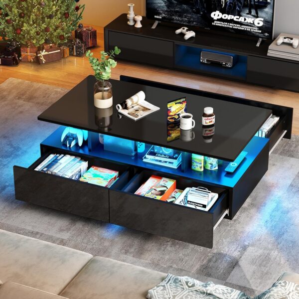 YITAHOME LED Coffee Table with Storage, High Glossy LED Coffee Tables for Living Room, Modern Black Rectangle Coffe Table, Small Center Table with Open Display Shelf & Sliding Drawers, Black - Image 10