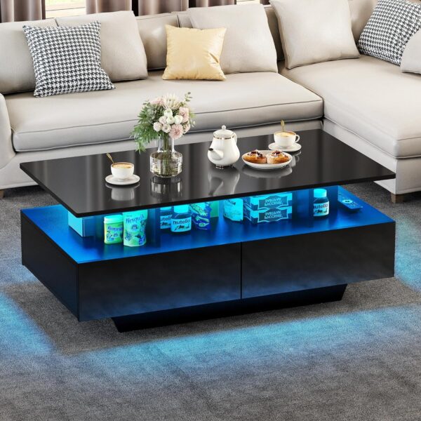 YITAHOME LED Coffee Table with Storage, High Glossy LED Coffee Tables for Living Room, Modern Black Rectangle Coffe Table, Small Center Table with Open Display Shelf & Sliding Drawers, Black - Image 9