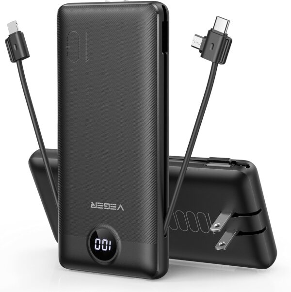 VEGER Portable Charger for iPhone Built in Cables and Wall Plug, 10000mah Slim Fast Charging USB C Power Bank, Travel Essential Battery Pack Compatible with iPhones, iPad, Samsung, and More(Black) - Image 2