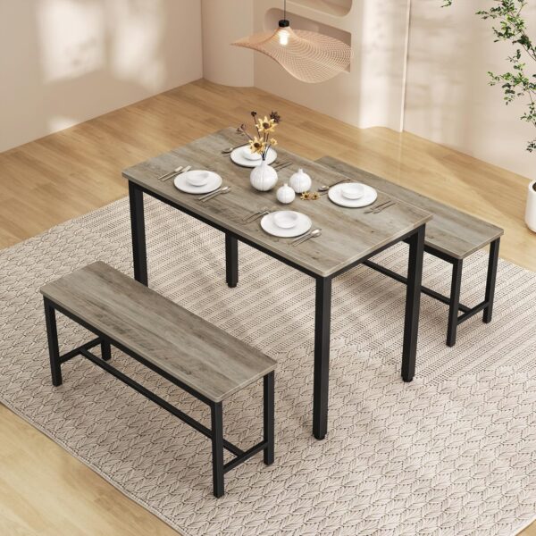 Dining Table Set for 4, Kitchen Room Table Set with 2 Benches, 3-Piece Dining Chairs Set for Breakfast Nook, Grey - Image 2