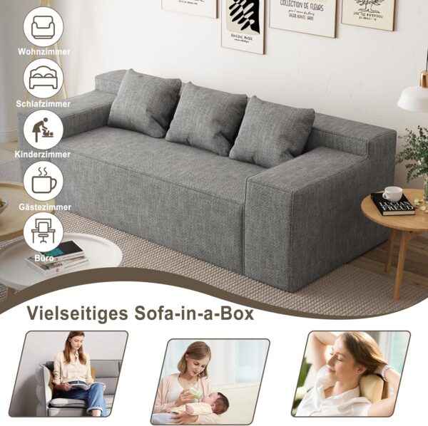 Modern 3-Seater Sofa, Hybrid Sofa in a Box, No Assembly Required, Comfy Sofa Couch with 3 Matching Pillows, Cat-Scratch Resistant Linen, Couch for Living Room or Bedroom, Grey - Image 7