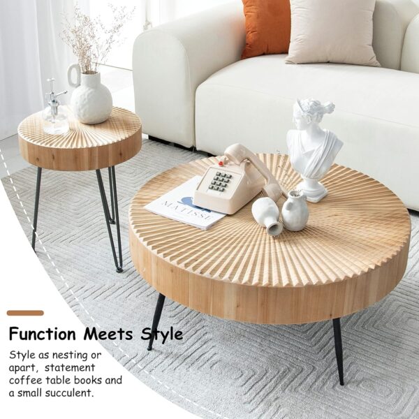 2-Piece Modern Farmhouse Living Room Coffee Table Set, Nesting Table Round Natural Finish with Handcrafted Wood Radial Pattern - Image 4