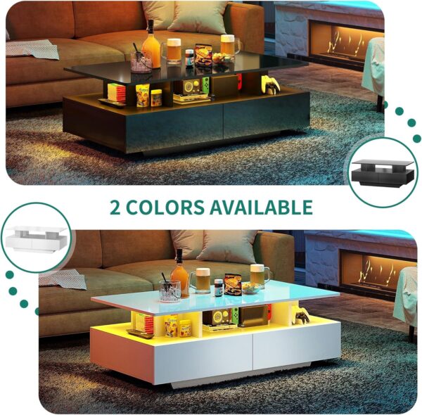 YITAHOME LED Coffee Table with Storage, High Glossy LED Coffee Tables for Living Room, Modern Black Rectangle Coffe Table, Small Center Table with Open Display Shelf & Sliding Drawers, Black - Image 6